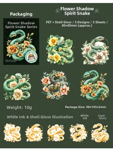 Detail of floral snake PET stickers with shell light effect for DIY scrapbooking