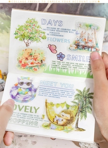 Close-up of cute cartoon animal PET stickers showing transparent texture on a notebook