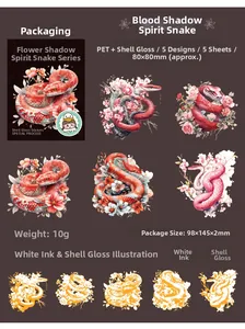 Detail of snake and cherry blossom PET stickers with shell light and white ink craft