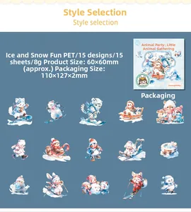 Detail display of 15-piece PET animal stickers featuring winter sports and skating themes