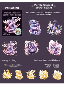 Detail of floral snake theme PET stickers with iridescent shell light finish effect