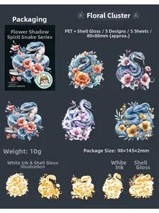 Detail of PET floral snake stickers with iridescent shell light finish and white ink