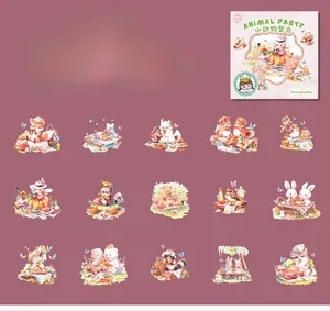 Detail of PET stickers set with 15 forest animal picnic designs for DIY scrapbooking