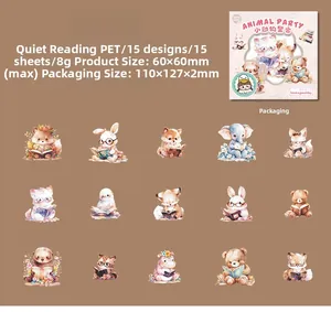 Detail view of 15 animal reading themed PET stickers with cute foxes, rabbits, and cats