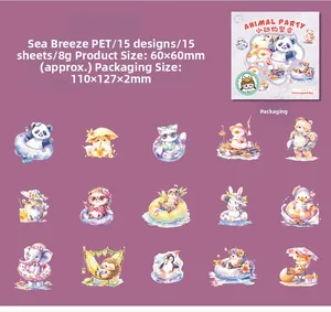 Detail view of 15 PET animal stickers showing beach theme designs and size specifications
