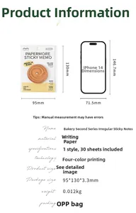 Detailed size chart of butter cookie shaped sticky notes shown next to a smartphone