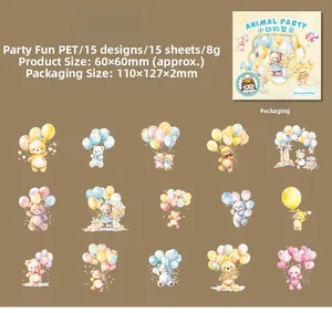 Macro detail of 15 hand-painted PET teddy bear stickers for journaling and DIY decoration