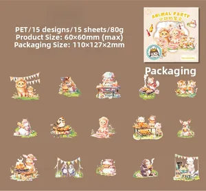 Detailed PET animal stickers showing lion and tiger at a bonfire for DIY scrapbooking