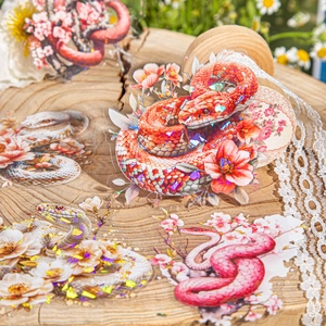 DIY decorative snake and floral PET stickers with holographic glitter finish for scrapbooking