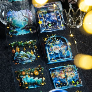 Sparkling Firefly Night PET tape for DIY journaling featuring gold foil fireworks patterns