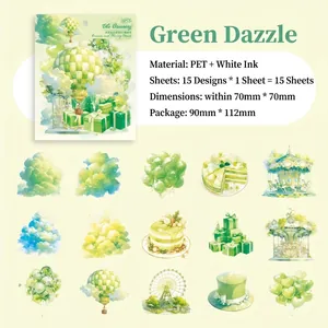 Green PET stickers set with dreamlike hot air balloons and clouds for journaling