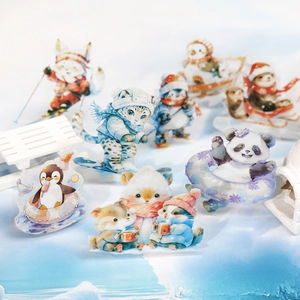 Winter animal PET stickers with watercolor penguins and cats for DIY journaling
