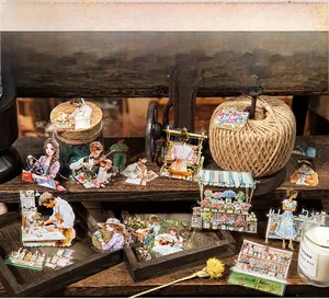 Dettaglio di adesivi PET serie carriere sognanti su scaffale di legno vintage