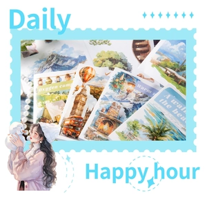 Detailed stamp-style watercolor stickers featuring outdoor camping and travel theme designs