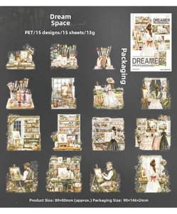 Dettaglio di 15 adesivi PET vintage ad acquerello con artisti e strumenti di pittura