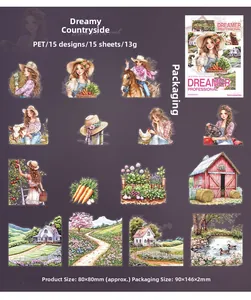 Dettaglio di adesivi in PET con motivi di ragazze rurali e decorazioni a tema fattoria