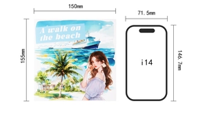 Detailed size comparison of 150x155mm beach themed art sticker with iPhone 14