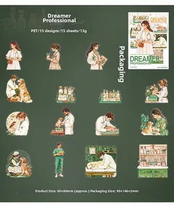 Dettaglio di 15 adesivi in PET a tema medico con illustrazioni di medici e scene