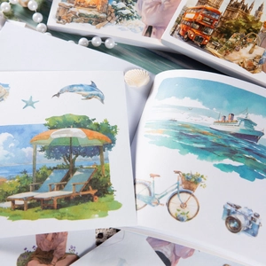 Artistic watercolor decorative stickers featuring vintage lifestyle and travel motifs