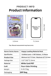 Detail view of 15 DIY scrapbooking stickers with dimensions and iPhone 14 size comparison