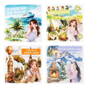 Artistic collection of four lifestyle sticker sets with diverse seasonal nature scenes