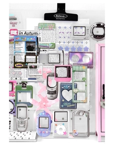 Retro electronic themed card holder sets with Y2K aesthetic on a white pegboard display
