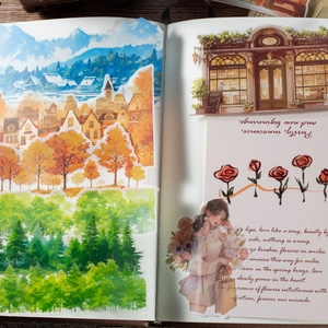 Pegatinas vintage de PET con paisajes naturales y motivos florales en un cuaderno