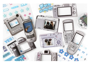 Y2K vintage silver metallic stickers featuring retro cameras and flip phone frames