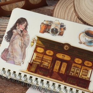 Set de pegatinas PET vintage Cuatro Estaciones con cámaras retro y chicas anime en papel