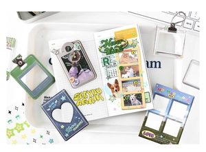 Detail view of decorative photocard sleeves and aesthetic stickers for DIY scrapbooking