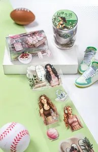 Macro detail of PET tape showing fitness girls and gym equipment illustrations for DIY
