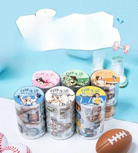 Macro detail of six rolls of sports-themed PET tape featuring fitness girl illustrations