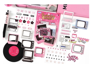 Detailed view of pink Y2K retro electronic style stationery stickers for DIY scrapbooking
