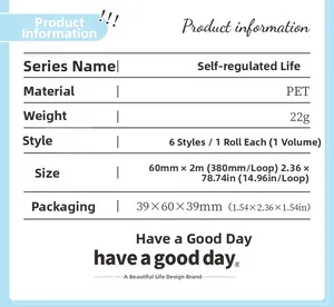 Detailed PET tape specifications showing dimensions 60mmx2m for Self-regulated life series