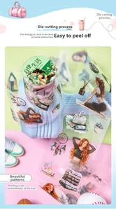 Detail of PET decorative tape with fitness girls and easy-tear die-cut yoga illustrations
