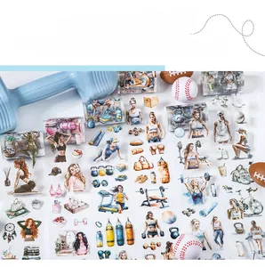 Detail of PET stickers showing watercolor fitness girls and gym equipment for journaling