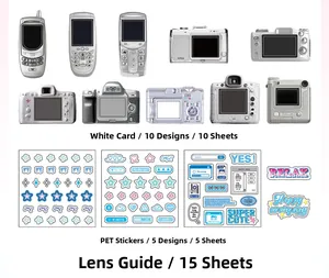 Detailed set of 10 vintage camera white cards and 5 PET stickers for DIY scrapbooking