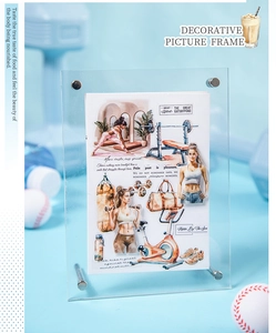 Modern acrylic frame showing a fitness girl watercolor illustration on blue background