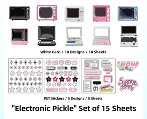 Detail of vintage retro computer and TV card set for DIY scrapbooking and planners