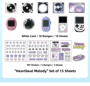 Detail of 15-piece retro electronic stationery set with cards and PET stickers