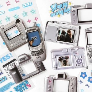 Y2K style retro digital camera and flip phone stickers for DIY planners and journals