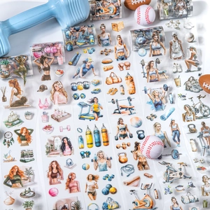Waterweight PET tape set featuring fitness girl illustrations for DIY journaling and planning