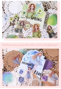 Primer plano de pegatinas retro de flores y chicas con encaje y collage de papel