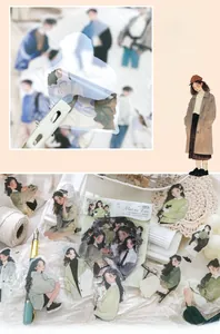 Macro detail of hand-drawn girl portraits and aesthetic stickers for scrapbooking