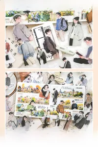 Detailed view of anime character stickers on a journal with aesthetic stationery props