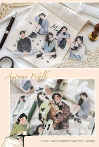 Close-up of decorative PET character stickers featuring healing autumn walk life scenes