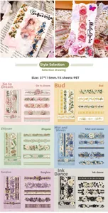 Macro view showing 15 pieces of vintage floral PET stickers for journal decoration