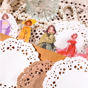 Paquete de Pegatinas de Ilustración de Niñas Vintage para Scrapbooking Diario Manualidades Decorativas Material de Papel PET Diseño de Patrón de Encaje Floral