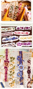 Detail of vintage floral PET stickers with gold foil accents on a warm wooden surface