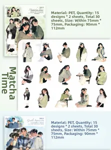 Detail of PET stickers set with 30 sheets featuring artistic girl illustrations